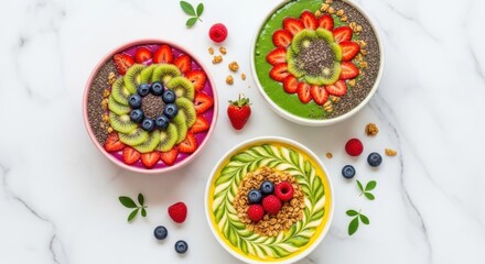 Overhead shot of three vibrant smoothie bowls isolated on white background, adorned with fresh fruits like kiwi, strawberries, blueberries, and granola for a healthy treat