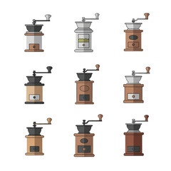 Collection of vintage coffee grinders displayed on white surface showing different styles and colors, creating a retro and decorative display.