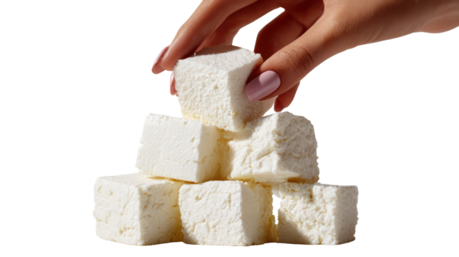 Hand Holding Cubes of Feta Cheese on White Background on Transparent Background