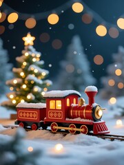 Realistic red Christmas toy train with snow beside lit pine tree, snowy ground and warm golden bokeh lights for cozy festive night