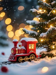 Realistic red Christmas toy train with snow beside lit pine tree, snowy ground and warm golden bokeh lights for cozy festive night