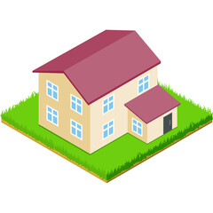 Isometric two story house with maroon roof and beige walls on green grassy land detailed illustration