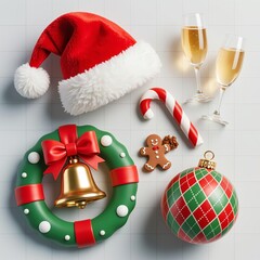 Photorealistic Christmas elements: Santa hat, champagne flutes, candy cane, wreath, golden bell, gingerbread man, acorn, heart-shaped gingerbread, bauble on light gray grid