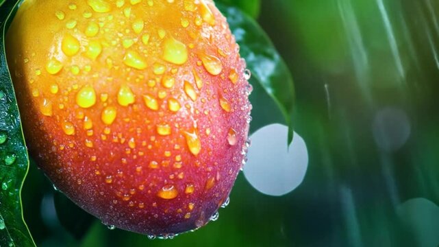Close up of a ripe mango with water droplets on the tree