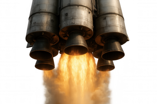 Rocket engine firing with powerful flames, smoke and high thrust on transparent background, symbolizing launching and innovation