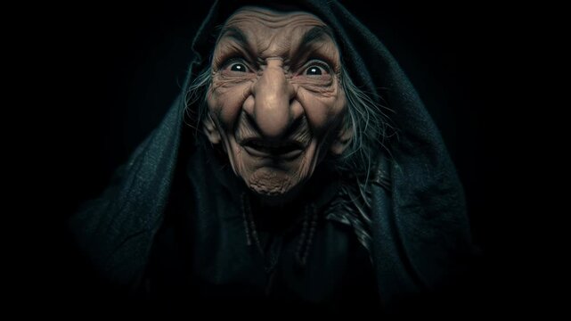 Terrifying close-up of an old witch with mouth open, seen through a door peephole viewer on black background. Disturbing and spooky effect, perfect for Halloween, horror art, and scary animated poster