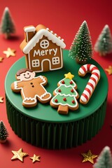 Photorealistic Christmas gingerbread cookies with smiling man, candy house, striped candy cane, dotted tree on green fan mat, red background with paper trees and gold stars, warm lighting