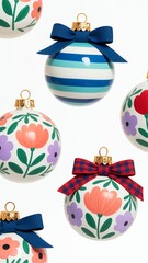 Hand-painted Christmas ornaments with botanical floral patterns in coral and lavender, mint green stripes, red-and-navy plaid ribbons, gold metallic caps, white background