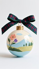 Hand-painted Christmas ornaments with botanical floral patterns in coral and lavender, mint green stripes, red-and-navy plaid ribbons, gold metallic caps, white background