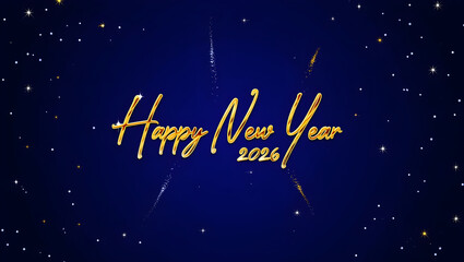Golden Happy New Year 2026 text with starry night background and fireworks image