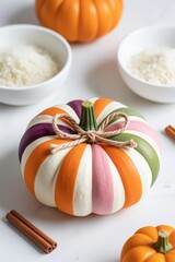 Realistic striped fabric pumpkins (orange-white, orange-pink, orange-purple-beige) with cinnamon sticks and jute bows on white surface