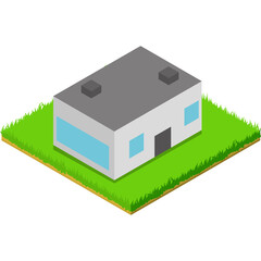 Isometric White Building with Gray Roof and Light Blue Windows on Green Grass Ground Flat Design Vector Illustration