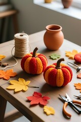 Photorealistic autumn craft scene with felt and pom-pom pumpkins in warm tones, wooden table, twine, and crafting tools under soft natural light