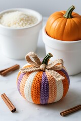 Realistic striped fabric pumpkins (orange-white, orange-pink, orange-purple-beige) with cinnamon sticks and jute bows on white surface