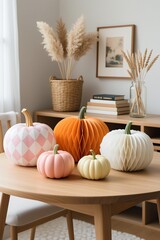 Photorealistic still life: Wooden table with 5 paper pumpkins (white diamond-patterned, pink pleated, orange fan-shaped