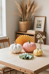 Photorealistic still life: Wooden table with 5 paper pumpkins (white diamond-patterned, pink pleated, orange fan-shaped
