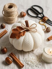 Photo-realistic top-down fabric pumpkin with white ribbed fabric, tan felt leaves