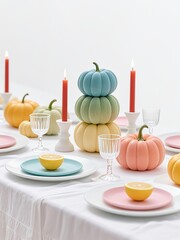 Photorealistic table setting with white pastel-rimmed plates, clear glassware, red taper candles, gradient pumpkins, white tablecloth on bright background
