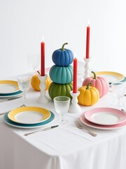 Photorealistic table setting with white pastel-rimmed plates, clear glassware, red taper candles, gradient pumpkins, white tablecloth on bright background