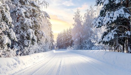 Winter Wonderland - A Snowy Road Through a Forest at Sunset.