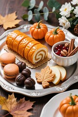 Photorealistic autumn dessert platter on silver tray with pumpkin roll, macarons, chocolate truffles, cranberry sauce, apple slices, orange pumpkins, oat cookies, and cinnamon sticks