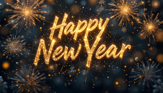 Golden Happy New Year text with fireworks and bokeh celebration
