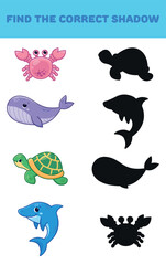 Find the right shadow. Cute sea animals. Educational games for children. Vector illustration