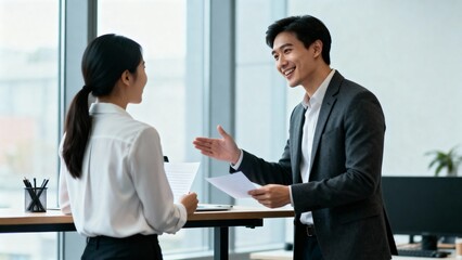 Young Asian man smiling while discussing documents with colleague  