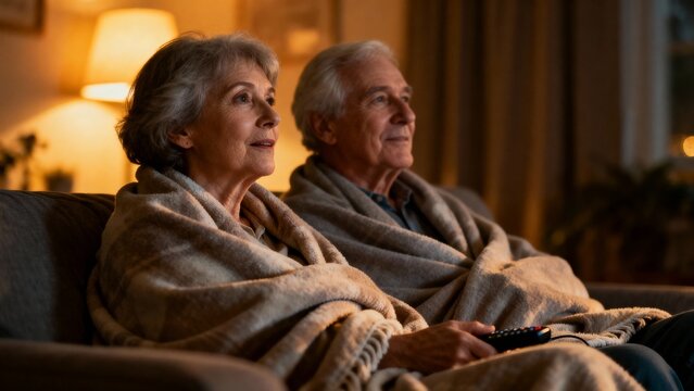 Elderly couple watching TV together while wrapped in blankets at home  