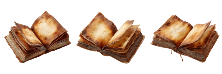 Vintage open old book with aged cracked pages isolated on transparent background PNG file