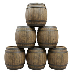 Fototapeta premium Rustic wooden barrels stacked for decoration and storage, isolated on white or transparent background. PNG