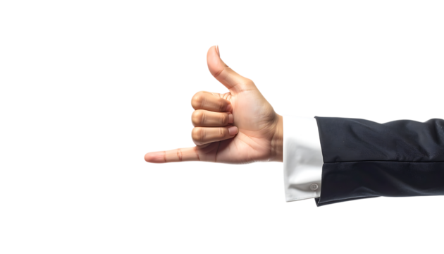 ビジネスウーマンの手による電話を示すハンドサインのジェスチャー ｜背景なし・透過PNG・コピースペース