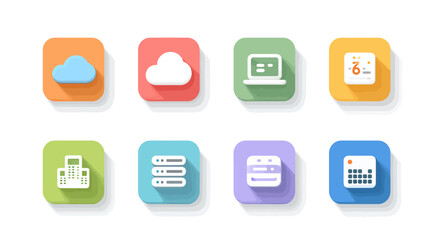 Vector Icon Set of Cloud Computing and Data Storage Elements in Modern Flat Style with Bright Pastel Colors