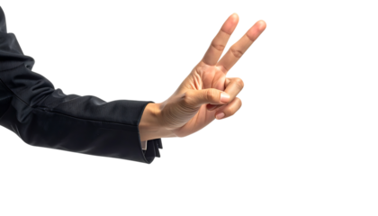 前向きな女性が示すビクトリーサインの手のジェスチャー｜背景なし・透過PNG・コピースペース