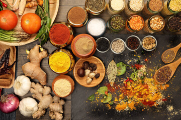 Overhead flat lay vibrant colourful spices herbs fresh produce vegetables legumes on wooden table spread splash smoking spice mix dark black slate metal clay pot palm leaf plate board copy text frame