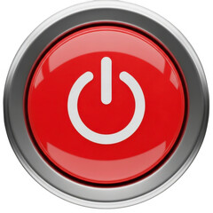 Glossy red power button icon with metallic bezel isolated on transparent background