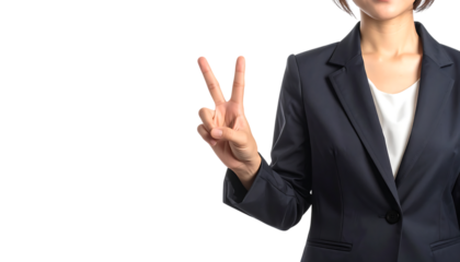 前向きな女性が示すビクトリーサインの手のジェスチャー｜背景なし・透過PNG・コピースペース