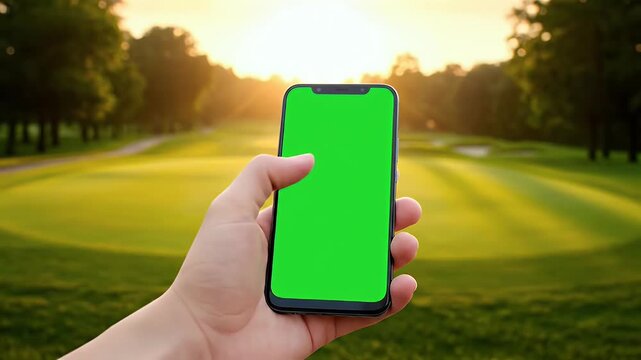 Hand Holding a Smartphone with a Green Screen on a Golf Course at Sunset.