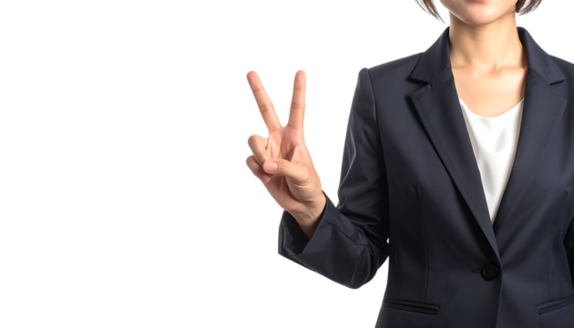 前向きな女性が示すビクトリーサインの手のジェスチャー｜背景なし・透過PNG・コピースペース