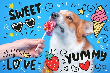 Adorable dog enjoying a colorful lollipop surrounded by playful doodles like ice cream and hearts on a vibrant blue backdrop, capturing joy and sweetness.