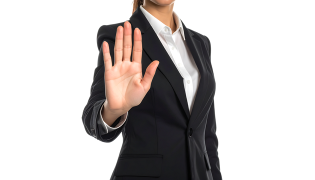 ビジネスウーマンが片手を上げてストップサインを示すジェスチャー｜背景なし・透過PNG・コピースペース