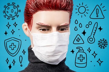 Mannequin with mask on blue background, featuring hand-drawn health and safety icons emphasizing hygiene and virus protection.