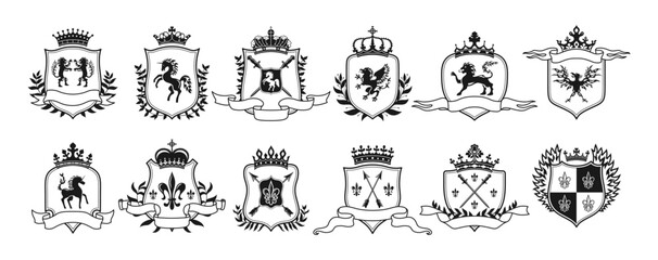 Set of coats of arms, ready-made symbols logos. Heraldic crest vector set. Heraldry elements animals eagle, lion, swords and arrows, ribbons, wreaths, crowns, lily flower. Medieval blazon crest