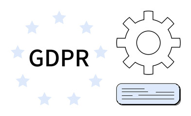 GDPR text surrounded by stars, gear symbolizing regulation management, and a document representing policies. Ideal for data protection, privacy law, compliance, governance, security, legal