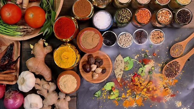 Overhead flat lay vibrant colourful spices herbs fresh produce vegetables legumes on wooden table spread splash smoking spice mix dark black slate metal clay pot palm leaf plate board copy text frame