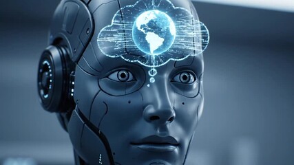 Cinematic Close-Up of an AI Robot Thinking with a Global Cloud Computing Brain Hologram - Powered by Adobe