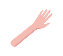 Cartoon flat hand with raised fingers and open palm. Raised human arm symbol with simple gesture. Abstract sign illustration, colorful design, ideal for posters, banners, or creative projects.