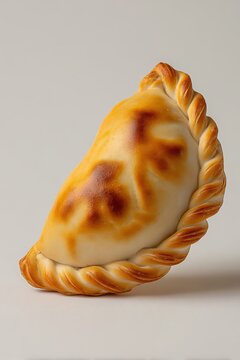 Single traditional baked empanada with golden brown crust and perfectly crimped edges on a plain white background
