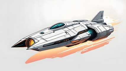 Sleek Vector Illustration of a High-Speed, White Sci-Fi Spaceship with Fiery Thruster Trails