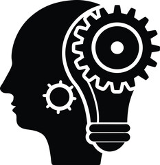 Conceptual Illustration of Creative Thinking Process Featuring Human Head Silhouette Lightbulb and Gears Highlighting Ideas and Innovation